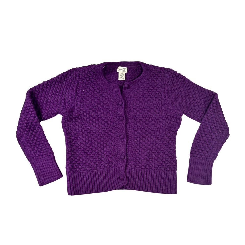 LL Bean Womens Purple Wool Angora Blend Popcorn Knit Button Front Cardigan M-REG